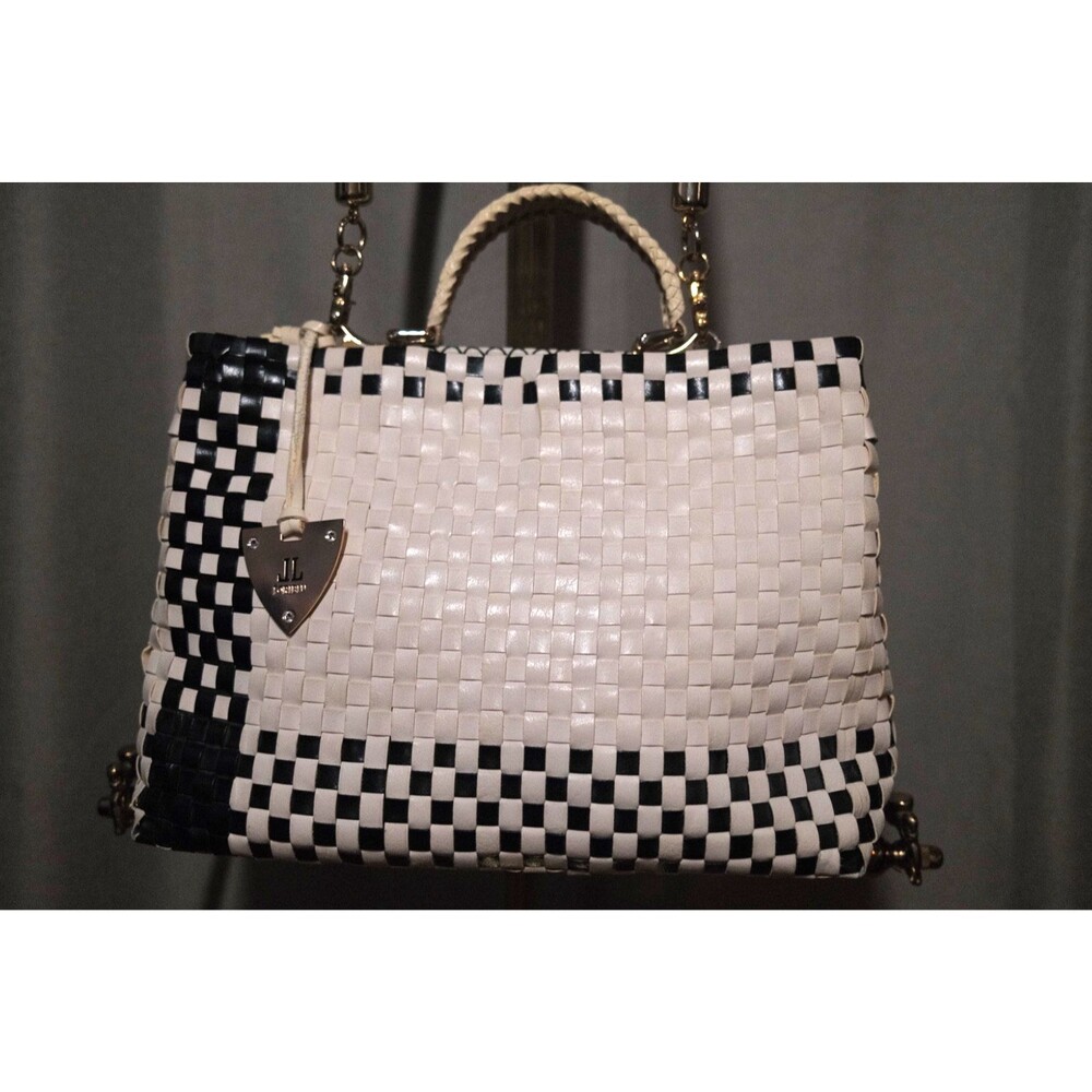 Loriblu Italy Black & White Woven Leather Tote Bag Checker Top Handle